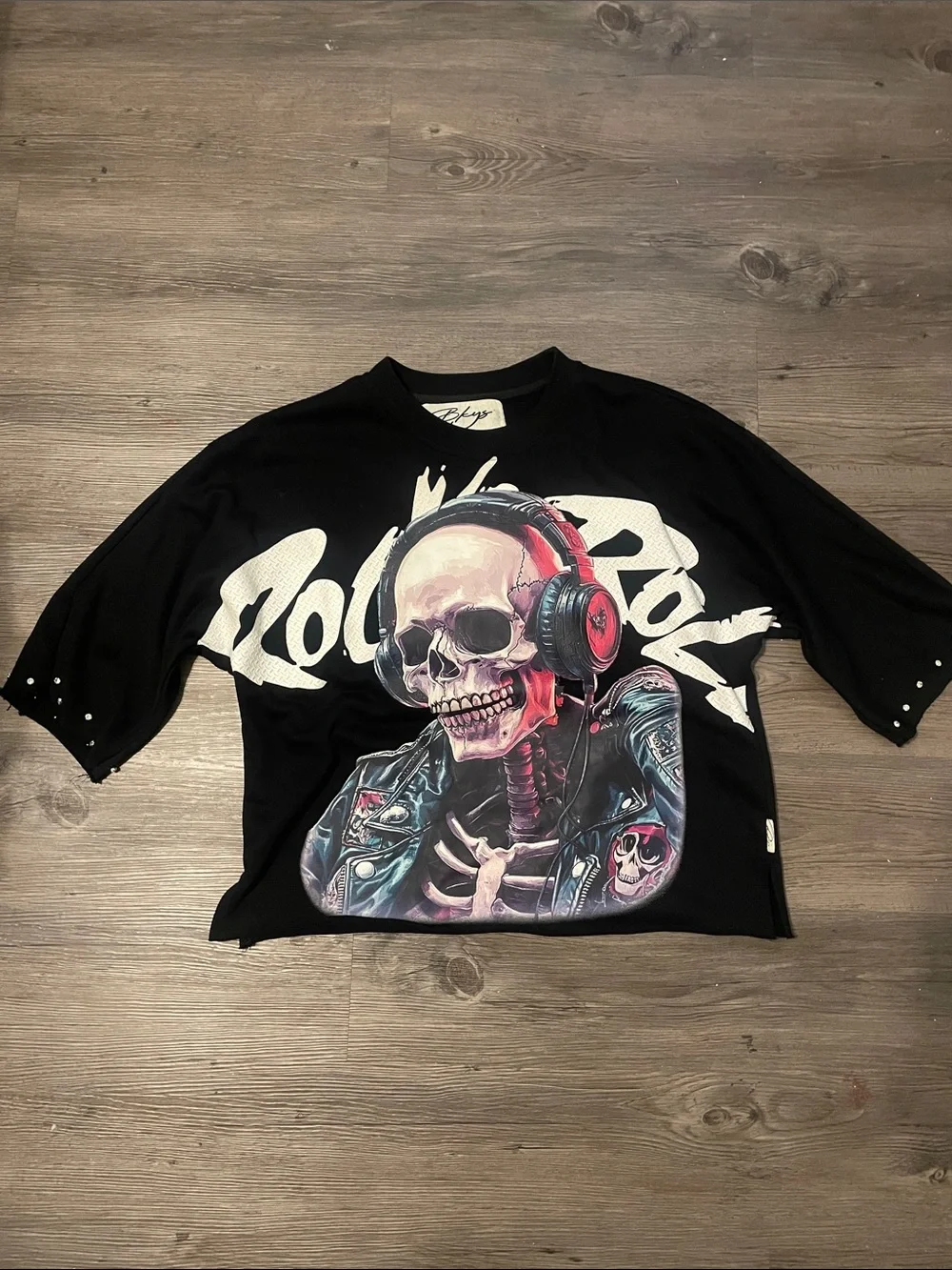 Black Graphic Skull Headphones Short Sleeve Tee